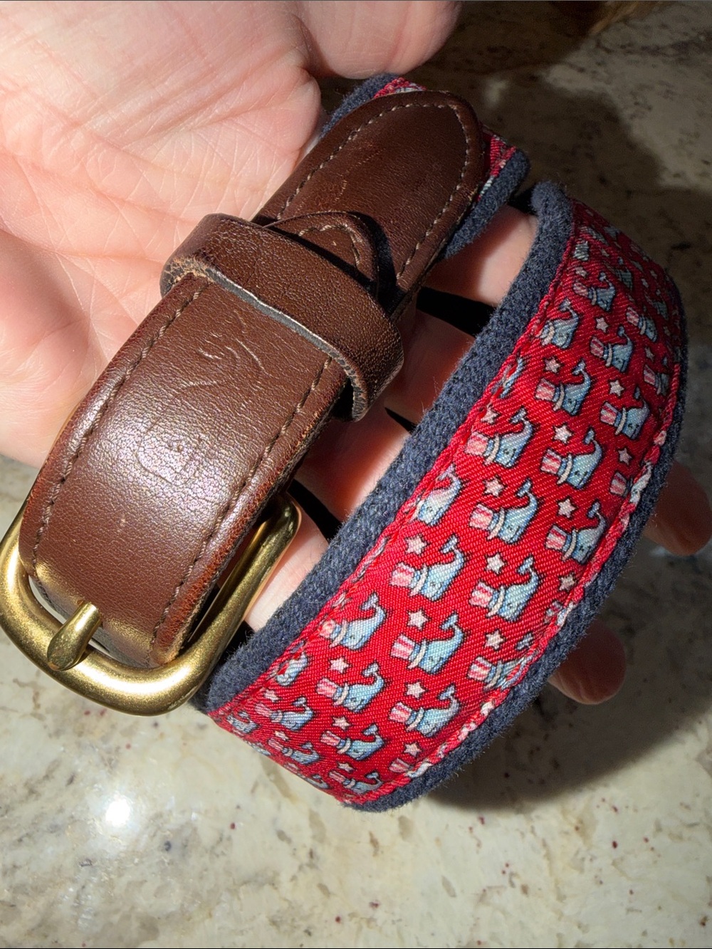 Vineyard Vines $99 Canvas & Leather Ribbon Patriotic Whale Preppy Belt sz 26 EUC